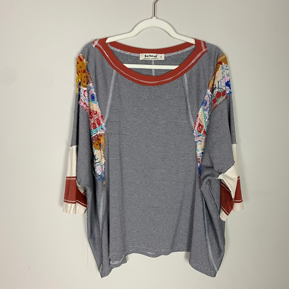 Three Bird Nest Britt Patchwork Striped Top Womens XL Boho Hippie Oversized